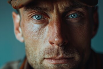 Poster - A close-up shot of a man wearing a hat, ideal for use as a portrait or focus on facial features