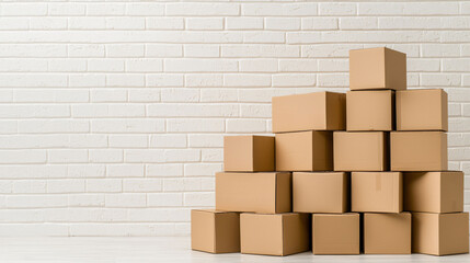 Poster - Numerous stacked cardboard boxes create sense of anticipation and excitement against clean white wall. This arrangement is perfect for various storage or moving needs