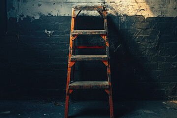 Poster - A wooden ladder leans against a brick wall
