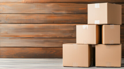 Poster - Stacked cardboard boxes create sense of anticipation and excitement, perfect for storage or moving. Their simple design complements rustic wooden background beautifully