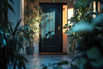 Poster - A simple front door with a small plant in front, perfect for use as a standalone image or part of a larger scene