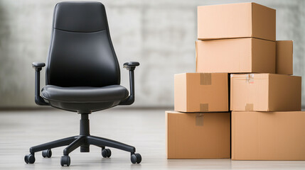 Poster - modern office chair sits next to stack of cardboard boxes, creating minimalist workspace. scene conveys sense of organization and readiness for productivity