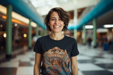 Portrait of a smiling woman in her 40s sporting a vintage band t-shirt in vibrant shopping mall background