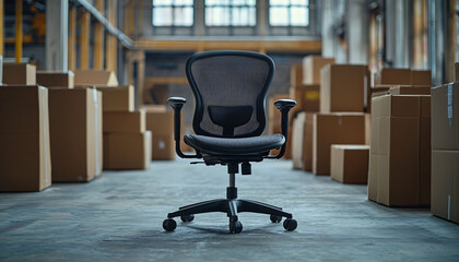 Poster - modern office chair stands prominently in empty warehouse surrounded by cardboard boxes, creating sense of solitude and anticipation