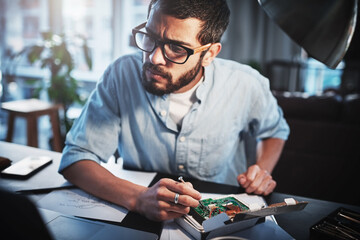 Aufkleber - Remote work from home, engineering and man with robotics, improvement and thinking in workspace. Employee, consultant and specialist with equipment, solution and innovation with problem solving