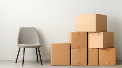 Poster - stack of cardboard boxes is neatly arranged next to modern gray chair against plain wall, creating minimalist and organized atmosphere. This setup is ideal for office relocation or storage solution