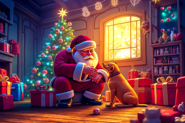 A santa claus sitting in front of a christmas tree with presents and a dog