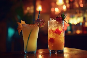 Aufkleber - A pair of glasses and bottles sit on a rustic wooden table, perfect for a casual gathering or outdoor setting
