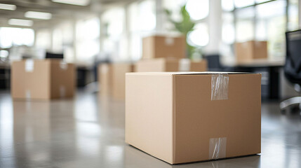 Poster - Packed and sealed moving boxes are arranged in brightly lit office space, creating sense of organization and readiness for relocation. atmosphere is calm and efficient