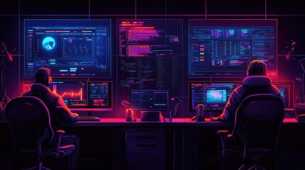 A modern cyber office featuring two professionals analyzing data on high-tech screens in a neon-lit environment.