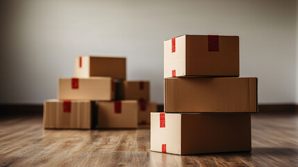 Poster - Moving boxes stacked on wooden floor create sense of organization and readiness for relocation. cardboard boxes, with their red tape accents, suggest practical approach to packing and moving