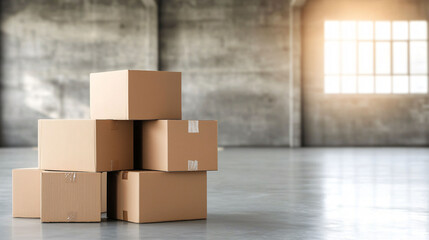 Poster - Cardboard boxes stacked in spacious, industrial setting with sunlight streaming through large window, creating warm and inviting atmosphere