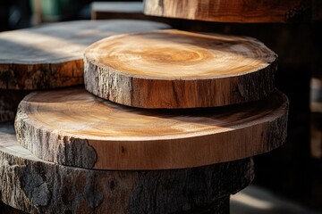Poster - A close-up shot of a stack of wooden plates, perfect for use in food or lifestyle photography