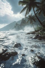 A calm ocean view with palm trees swaying in the background, suitable for travel or relaxation use