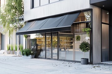 Poster - A storefront with a black awning and a planter on the sidewalk
