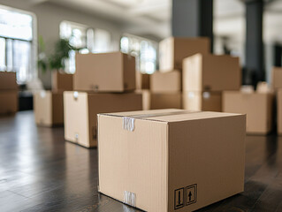 Poster - Neatly stacked cardboard boxes create organized and spacious environment, perfect for storage or moving. warm lighting enhances inviting atmosphere of room
