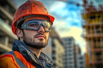 Poster - Man wearing hard hat and safety glasses on construction site or factory floor