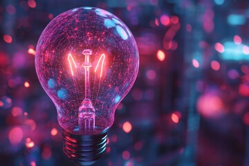 Poster - Close-up of a glowing light bulb on a pink background, suitable for illustrations or designs