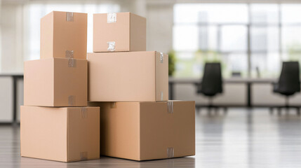 Poster - Neatly stacked cardboard boxes in modern office setting create organized and efficient workspace. natural light enhances atmosphere, making it inviting and productive