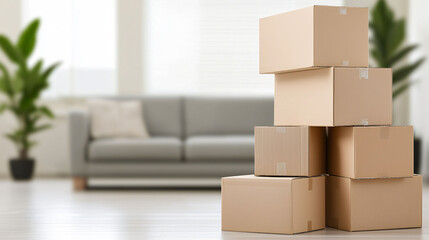 Poster - Modern living room featuring stacked cardboard boxes, creating minimalist and organized atmosphere. soft light enhances serene environment, perfect for fresh start