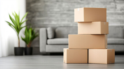 Poster - Modern living room featuring stacked cardboard boxes, creating minimalist and organized atmosphere. soft light enhances serene environment, perfect for fresh start