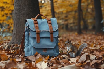 Poster - A squirrel perched beside a backpack amidst autumn foliage