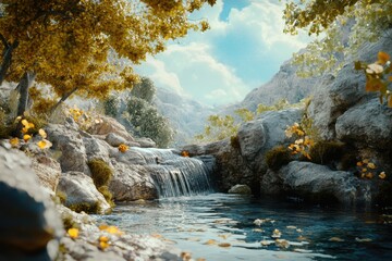 Poster - A small waterfall surrounded by lush greenery and dense trees in a forest