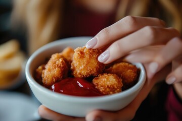 Poster - A person holding a bowl of food with ketchup, perfect for lifestyle and food related images