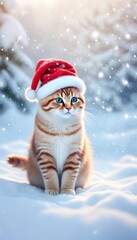 A ginger cat wearing a Santa hat sits in the snow, its blue eyes sparkling. Snowflakes fall gently around it.