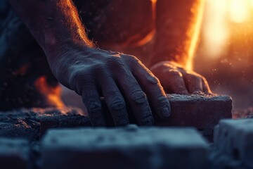 Poster - A close-up view of someone constructing a single brick