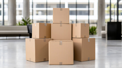 Poster - Cardboard boxes stacked in modern office space, showcasing minimalist design and ample natural light. scene conveys sense of organization and readiness for moving or storage