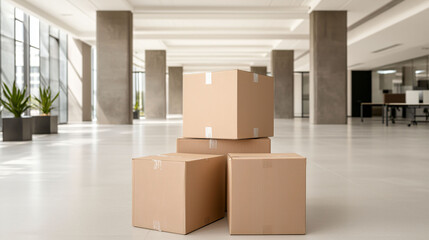 Poster - Modern office space with stacked cardboard boxes, showcasing minimalist design and open layout. bright environment enhances productivity and organization