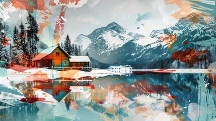 Poster - A serene cabin scene on a lake with mountains in the background, perfect for outdoor or nature-themed projects