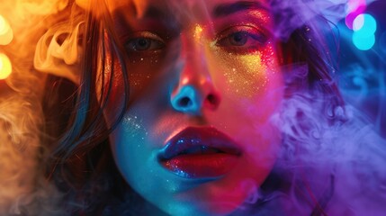 Poster - Close-up shot of a woman wearing glitter makeup, ideal for beauty and lifestyle concepts