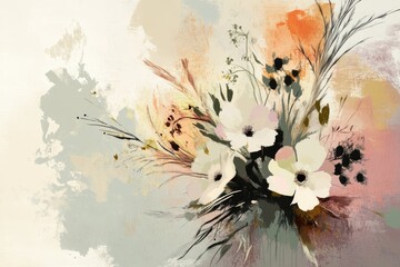 Wall Mural - Abstract floral arrangement in soft, muted colors with dynamic brushstrokes