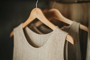 Sticker - A pair of shirts hung up on a wooden hanger, suitable for use in fashion or lifestyle photography