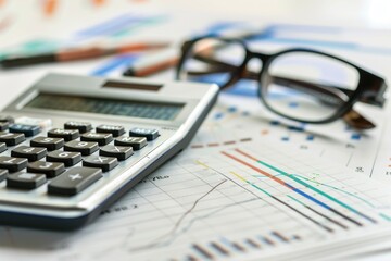 Canvas Print - A calculator placed next to a pair of glasses on a table, suitable for use in still life photography or as a prop for storytelling