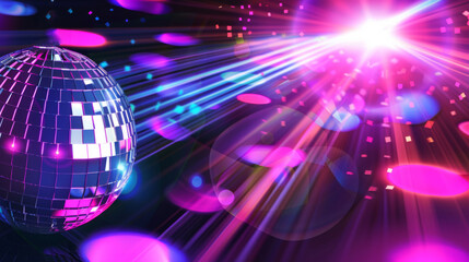 Wall Mural - Disco ball reflecting neon lights creates vibrant party atmosphere, background