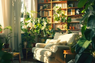 Aufkleber - Cozy living space filled with various types of green plants, ideal for indoor decoration or office setting