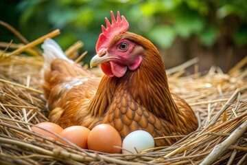 Close-up of brown hen sitting on nest of eggs in hay bale farm animal