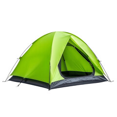 green camping tent with open entrance, white isolated background.