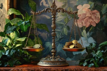 Poster - A scale with coins sitting next to a potted plant, a simple scene for financial or home decor uses