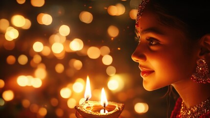 Poster - Young girl holds a lit candle near a decorated Christmas tree