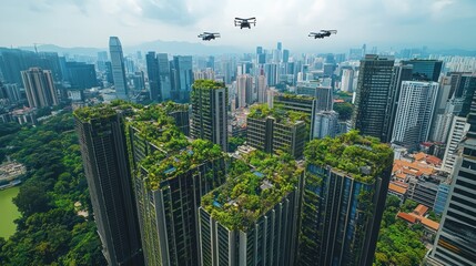 Aerial view of a modern city with green roofs and drones flying overhead.