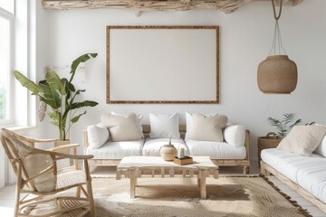 minimalist living room with a blank canvas frame for your design.