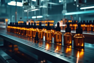 Poster - Row of glass bottles on a conveyor belt in a factory setting, suitable for commercial or industrial use