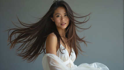 beautiful asian woman with long hair flowing in the wind