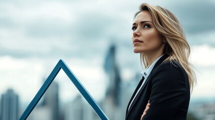 A professional woman gazes thoughtfully into the distance against a city skyline, embodying determination and ambition.