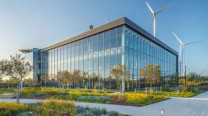 Modern glass building with wind turbines and landscaped gardens.