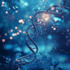 Fototapete - Spiral DNA double helix structure on blue background.